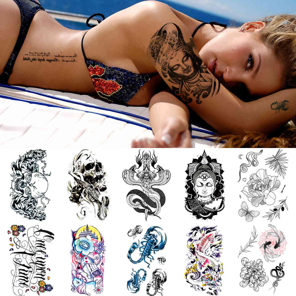 

Hot Black English Words Tattoo Sticker Flower skull cool realistic temporary tattoo stickers men women waterproof fake tattoos