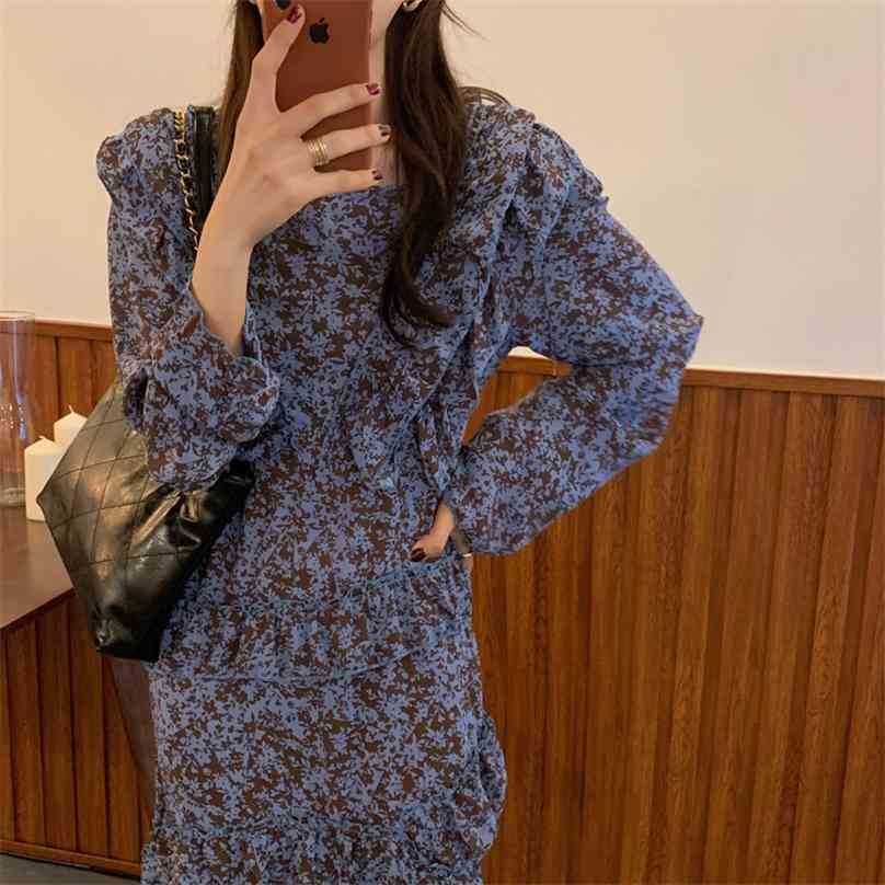 

Vinatge Elegant Dress Printing Ruffles V-Neck Spring Casual Soft Long Korean Style Party Vestidos 210525, Photo color