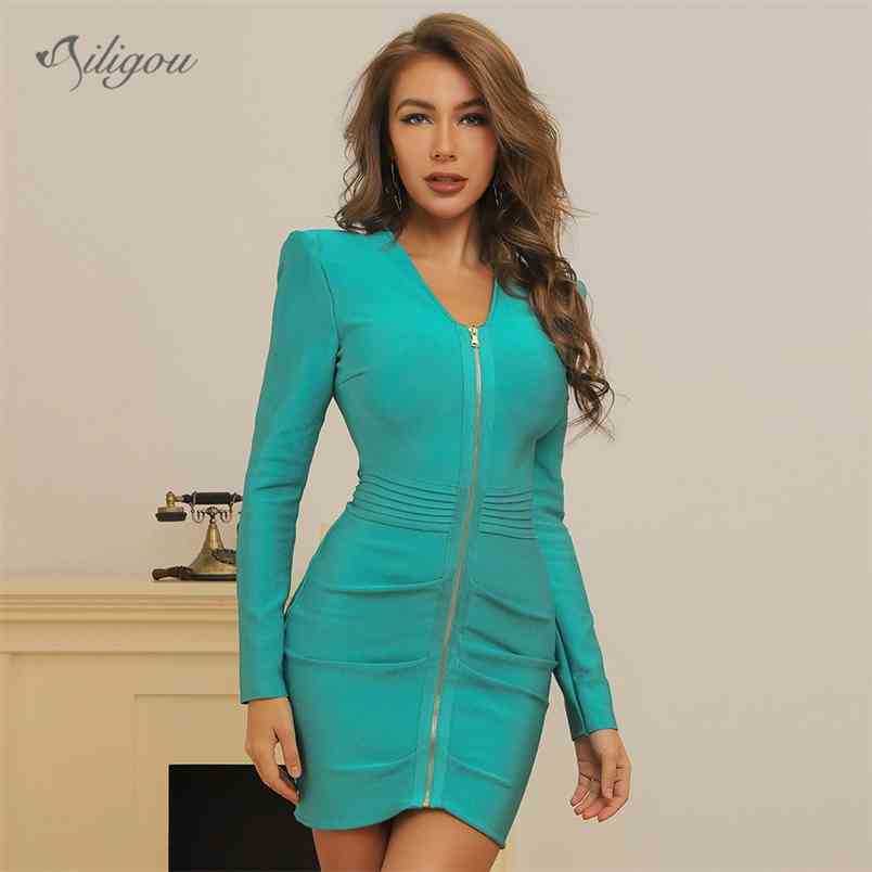 

Fashion Sexy Green Women V-neck Long Sleeve Zipper Black Bandage Dress Bodycon Club Party Vestido 210525