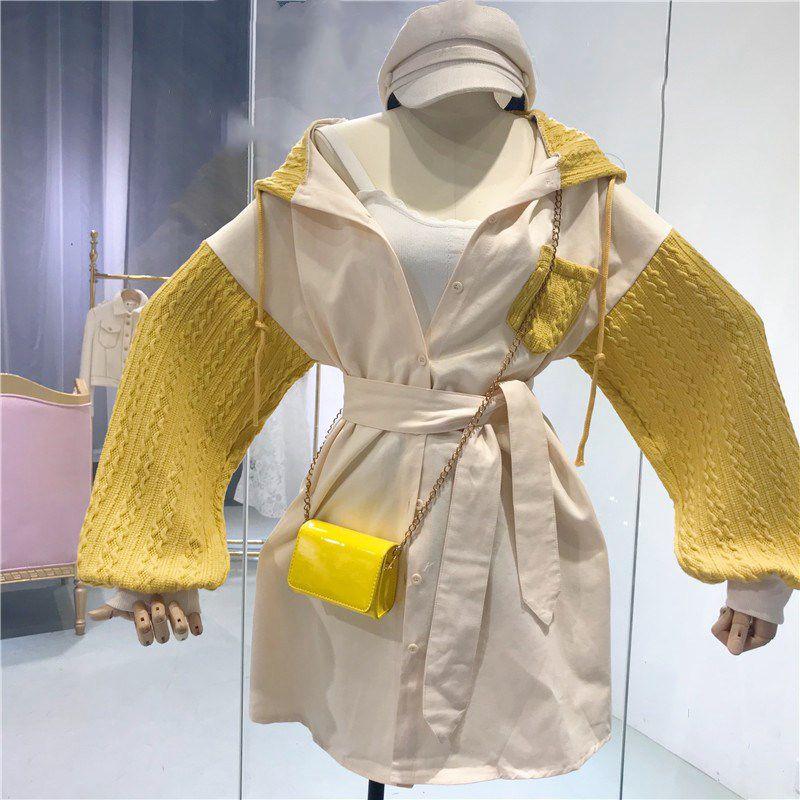

Women's Trench Coats 2021 Autumn Winter Fashion Streetwear Korean Style Knitted Patchwork Hooded Coat Women Casual Outerwear Y-1291, Beige