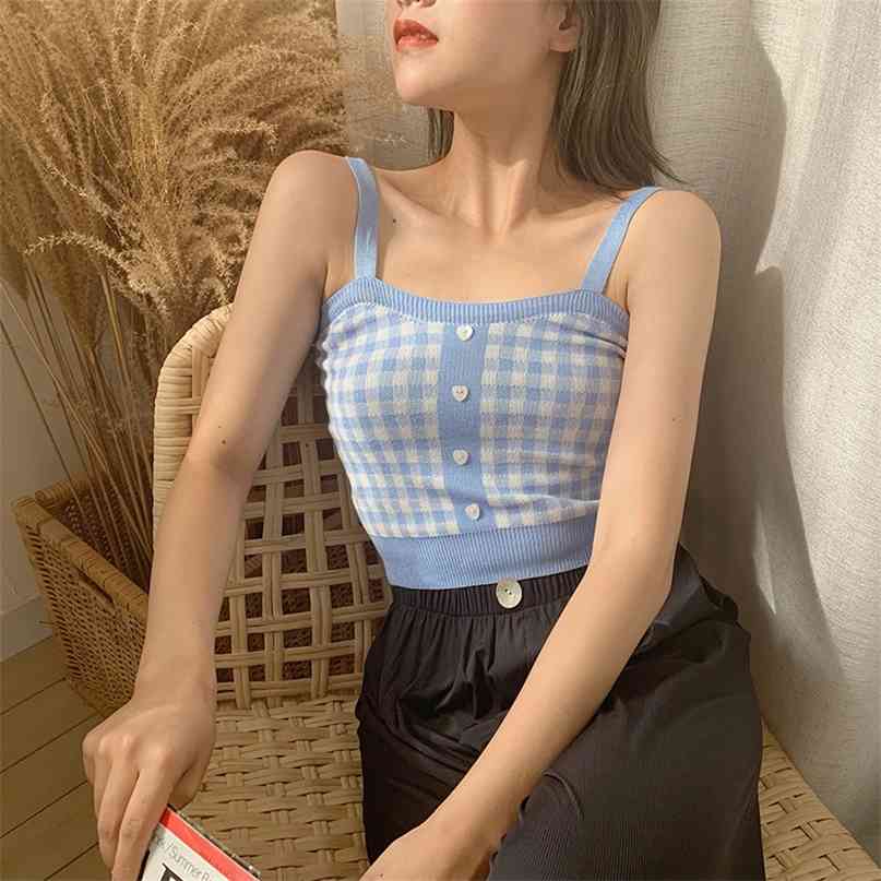 

Women's Sexy Bottoming Crop Top Retro Sweet Plaid Pattern Knit Camisole Cotton Slim Tops 210607, Blue