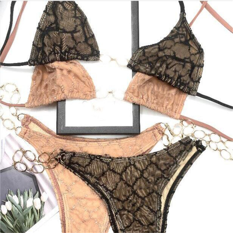 

Adult Girl Sexy Bikini Set Home Textile Chain Patchwork Design Halter Style Bathing Suit Soft Mesh Beachwear, As pic