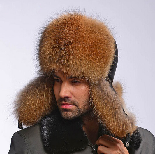 

fish Genuine Fox Fur Hats Men Real Raccoon Fur Lei Feng Caps Russian Winter Men Bomber Hats with Genuine Leather Tops