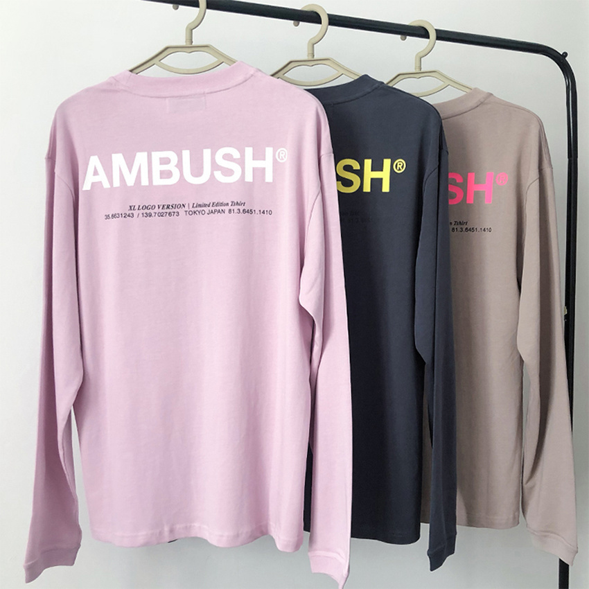 

Pink Apricot Big AMBUSH T-shirt Men Women Solid Color Tags Casual Top Tee AMBUSH Long Sleeve Reflective T Shirt 926