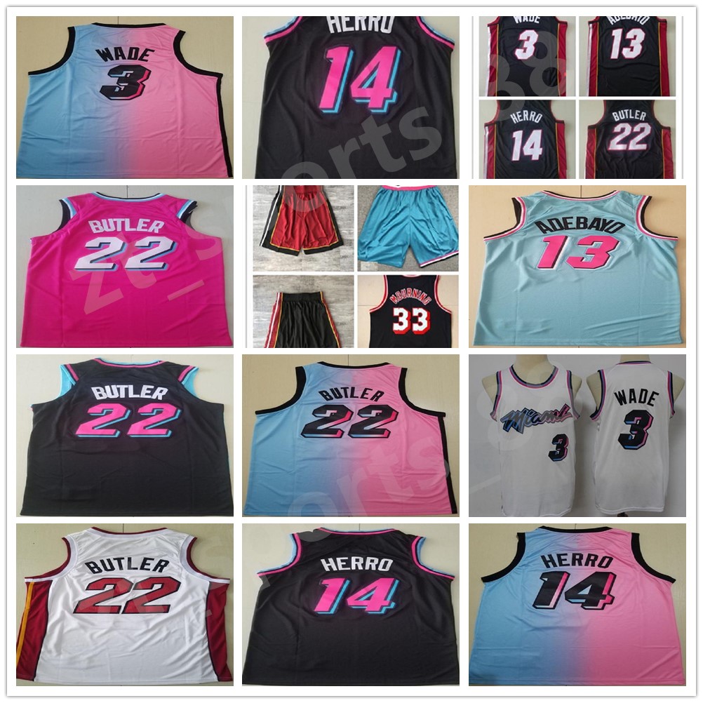 

Men Retro Dwyane Wade Jersey 3 Tyler Herro 14 Jimmy Butler 22 Kendrick Nunn 25 Black White Red Pink 100% stitched Basketball short, As shown in illustration