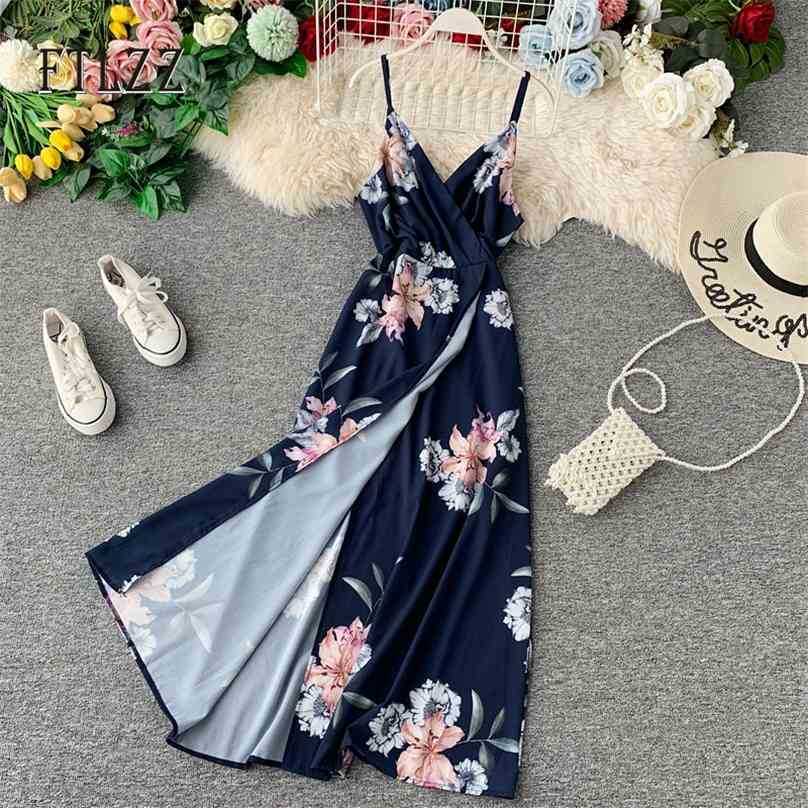 

Sexy Bohemia Dress Women Slim V-neck Vintage Floral Print Long Robe Vestidos Summer Ladies Spaghetti Strap Irregularity Dresses 210525