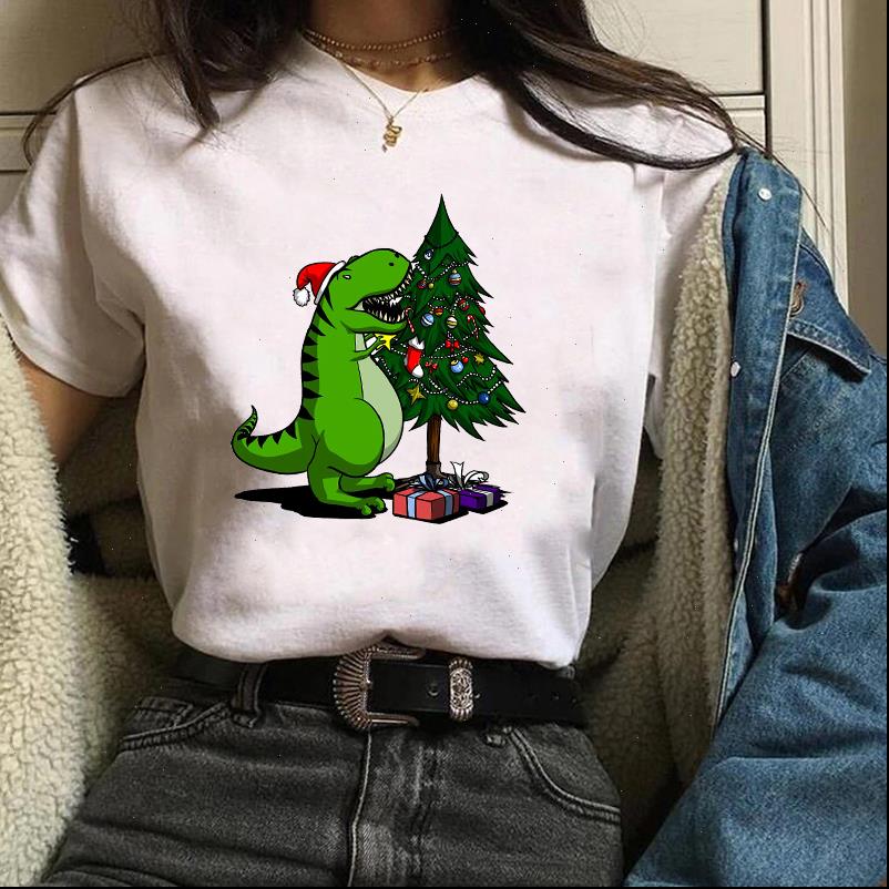 

women print womens t shirts holiday dinosaur tree cute christmas tees ladies graphic female camisa lady shirt, White