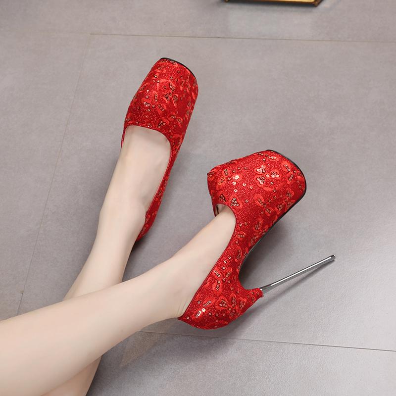 

Dress Shoes Lace Sequins Extreme Hihg Heels 20cm Platform Women Pumps Stripper Big Size 50 Paisley Fetish Woman Sexy Metal Heel, Gold
