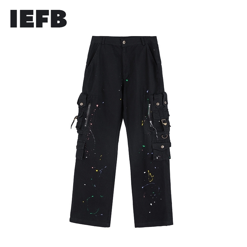 

IEFB High Street Ink Splashing Multi Pocket Casual Pants Men's Trendy Loose Hip Hop Stitching Overalls Spring 9Y5518 210524, Black