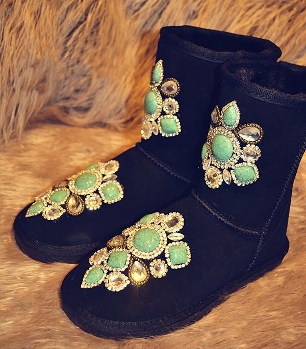 

Slippers Leather Super Flash Rhinestone Luxury Mid-tube Snow Boots Cotton, Black