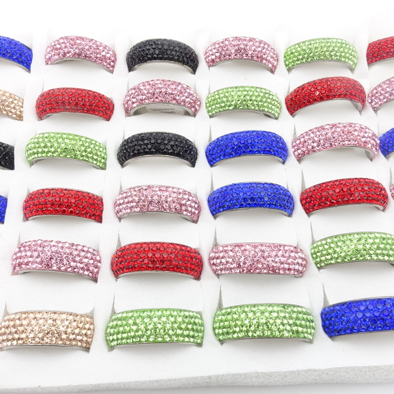 

Wholesale 36pcs/Lot Womens Stainless Steel Band Rings Clay 5 Row Colorful Rhinestone Shining Fashion Jewelry Beautiful Party Gift