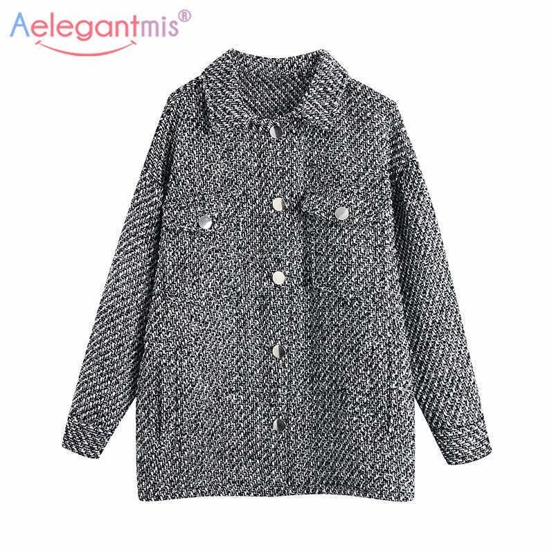 

Aelegantmis Korean Tweed Jacket Women Vintage Warm Houndstooth Woolen Coat Female Elegant Single Breasted Loose Outwear Fashion 210607, As shown