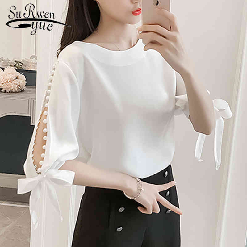 

Summer Pearl Sleeve Sweet Women Blouses Shirt White Pink Korean Chiffon Bow Fresh Tops Female Blusas 0359 40 210521