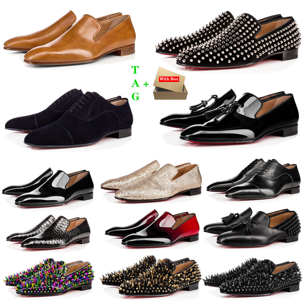 

Mens Red Bottom Shoes Designers Low Flat Rivets Embroidery Man Business Banquet Dress Shoe Luxurys Patent Suede Stylist Spikes Genuine Leather Sneakers, 23