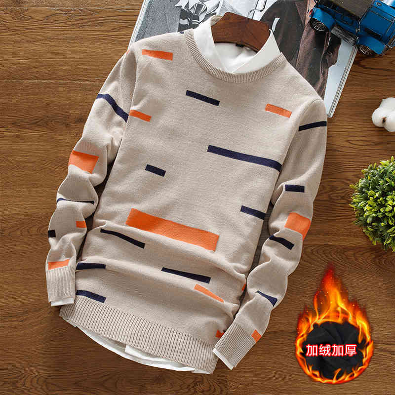 

sweater knit autumn and winter men's plush thickened round neck pullover youth base wear, White;black