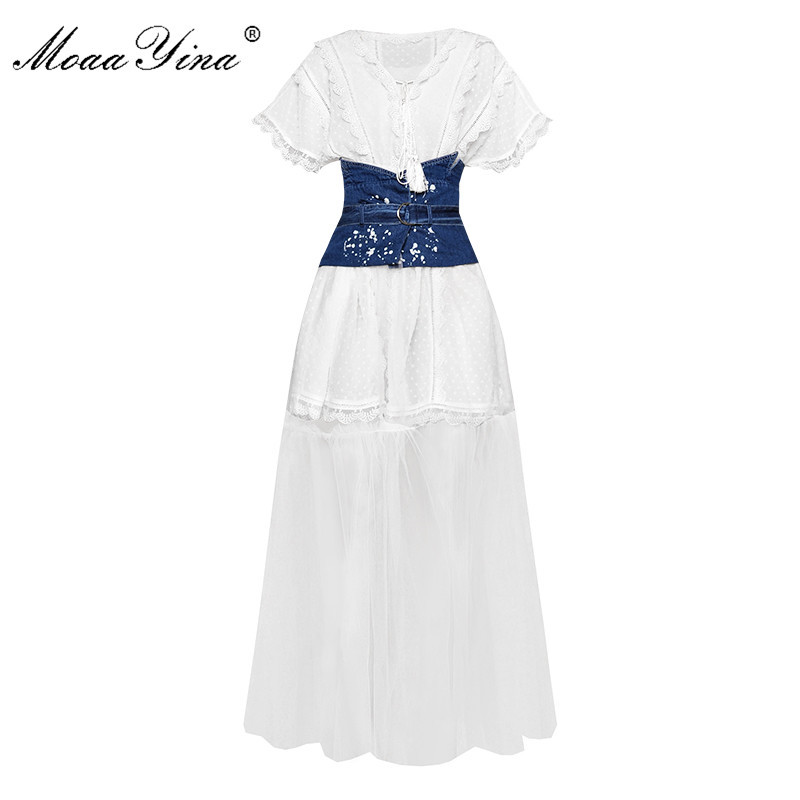 

Fashion Designer Set Summer Women Short sleeve V-neck Lace Tops+Lace-Up Cowboy Patchwork Mesh skirt Two-piece suit 210524, White