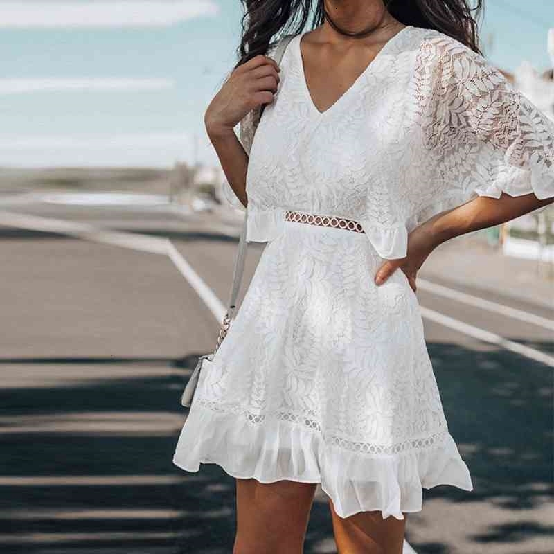 Casual Dresses Summer V Neck White Lace 2021 Women Flare Sleeve Ruffles Mini Female A Line Short Party Vestidos SZVG-image-705494494