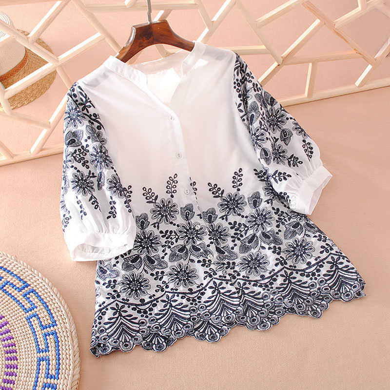 

VANOVICH Blouses and Tops Female V-neck Summer Cotton Wild Ladies Embroidery Three-quarter Sleeves 210615, Blue