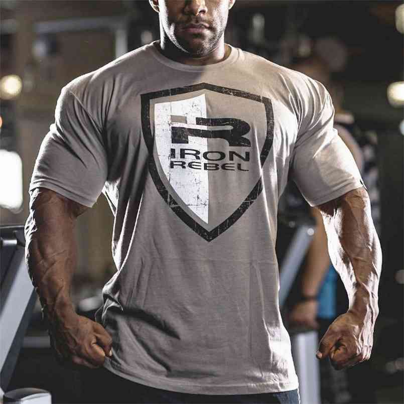 

Fashion Men Short Sleeve T-Shirt Bodybuilding Workout Elasticity Fitness Gym 100% Cotton T shirt 210721, Gray01