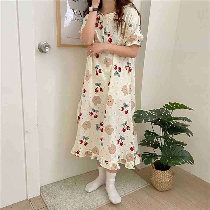 

Princess Prom Femme All Match Loose Homewear Printed Cherry Sweet High Quality Nightdress Chic Pajamas Dress 210525, Blue