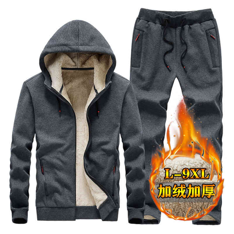 

plush thickened sports suit men's father's autumn winter cloth lamb cashmere fattening two-piece set for middle-aged and elderly p, Gray