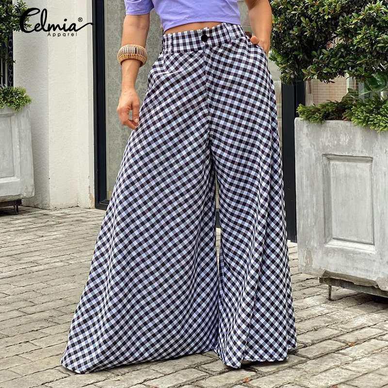 

Women's Pants & Capris Celmia Stylish Checked Long Women 2021 Fashion High Waist Plaid Trousers Casual Loose Wide Leg Pantalon Streetwear Sl, Black;white