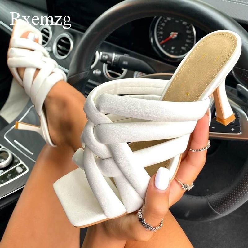 

Rxemzg Summer Slippers 2021 Sexy Mules Shoes Woman Square Toe Ladies Black White Fashion High Heels