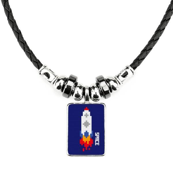 

Pendant Necklaces Space Ship Rocket Fire Universe Pixel Necklace Handmade Leather Rope