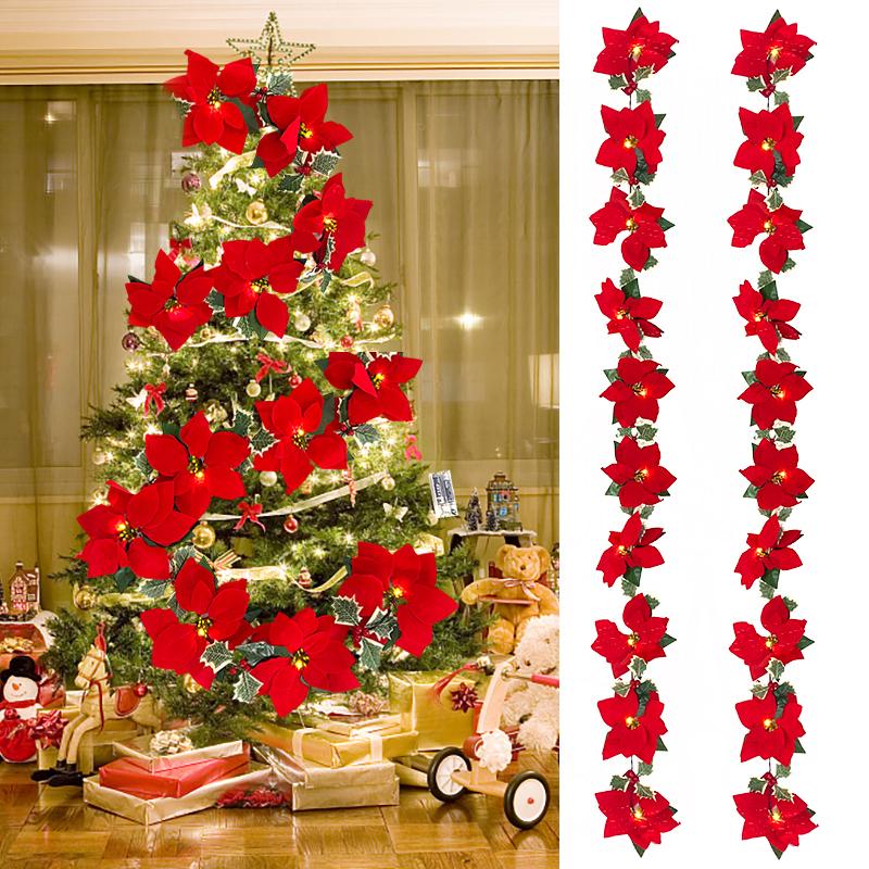 

Christmas Decorations 2M Flower Garland With String Lights Artificial Poinsettia Flowers Wreath For Home Fireplace Decor Xmas Party Ornament