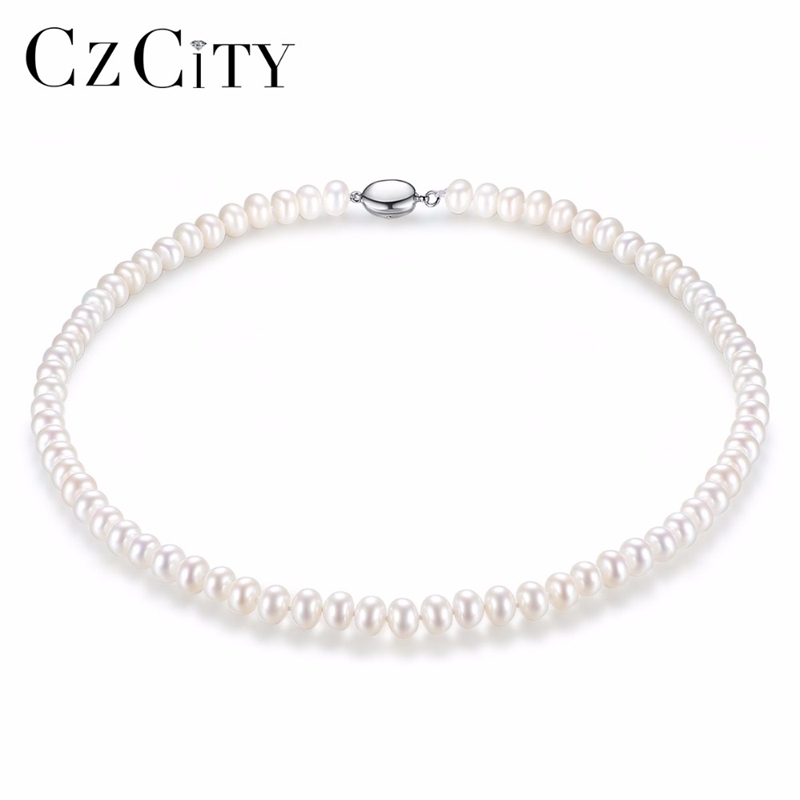 

CZCITY 100% 925 Silver for Women 7-8mm Flawless Natural Freshwater Pearl Necklace Fine Jewelry Whole