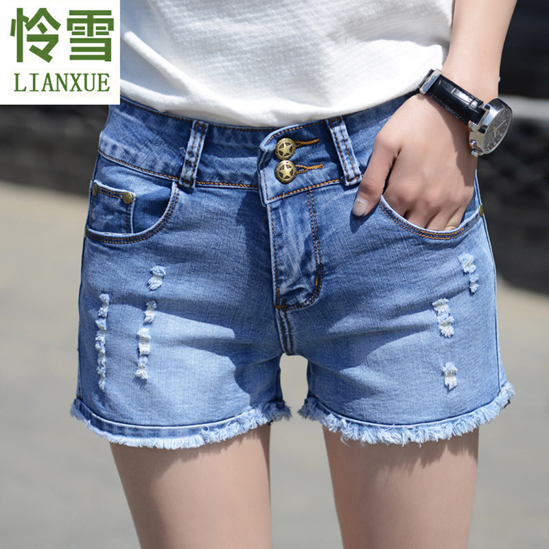 

women's jeans 2021 summer korean version curled edge pierced elastic denim shorts fashion versatile slim pants burr, Blue
