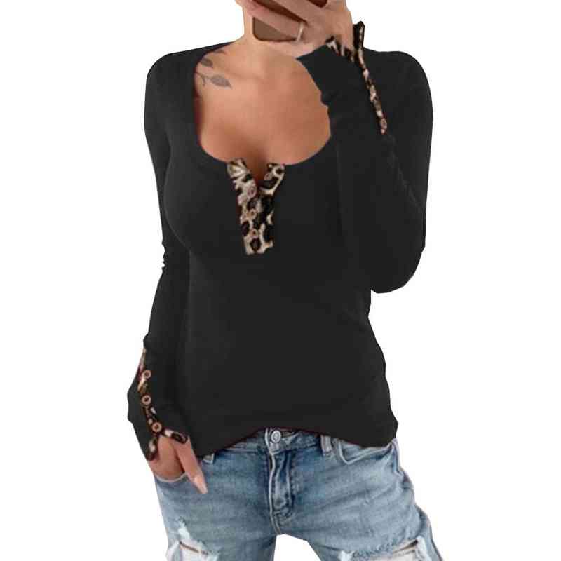 

Women Sexy Leopard Button Scoop Neck Long Sleeve Slim Cotton T-shirt Tee Shirt Female Top, White