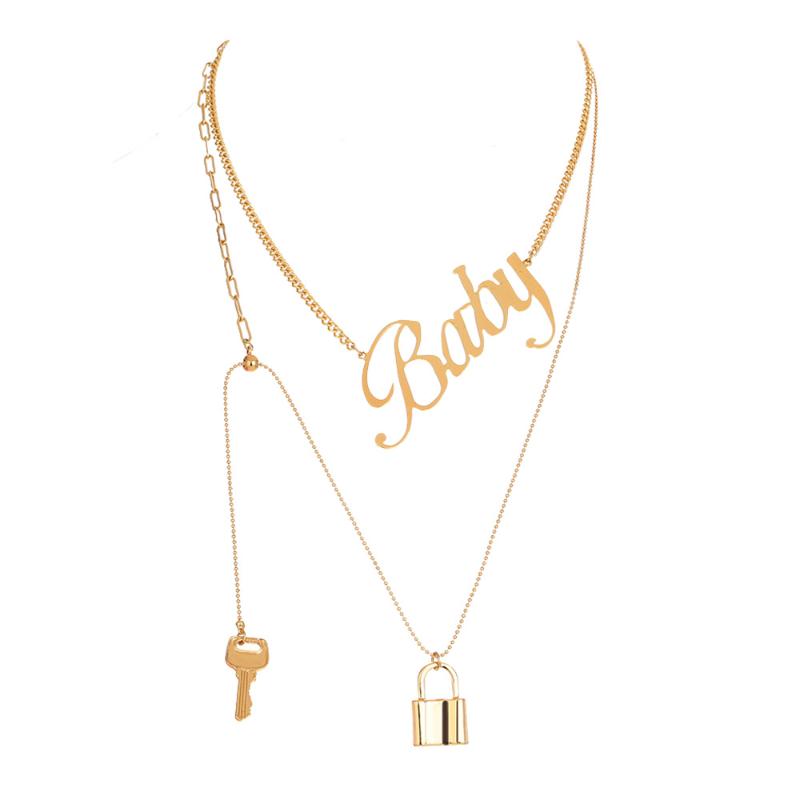 

Pendant Necklaces Lock Key Baby Letters Multi-layered Necklace Metal Exaggerated Gold Clavicle Chain Fashion Jewelry Accessories, Silver