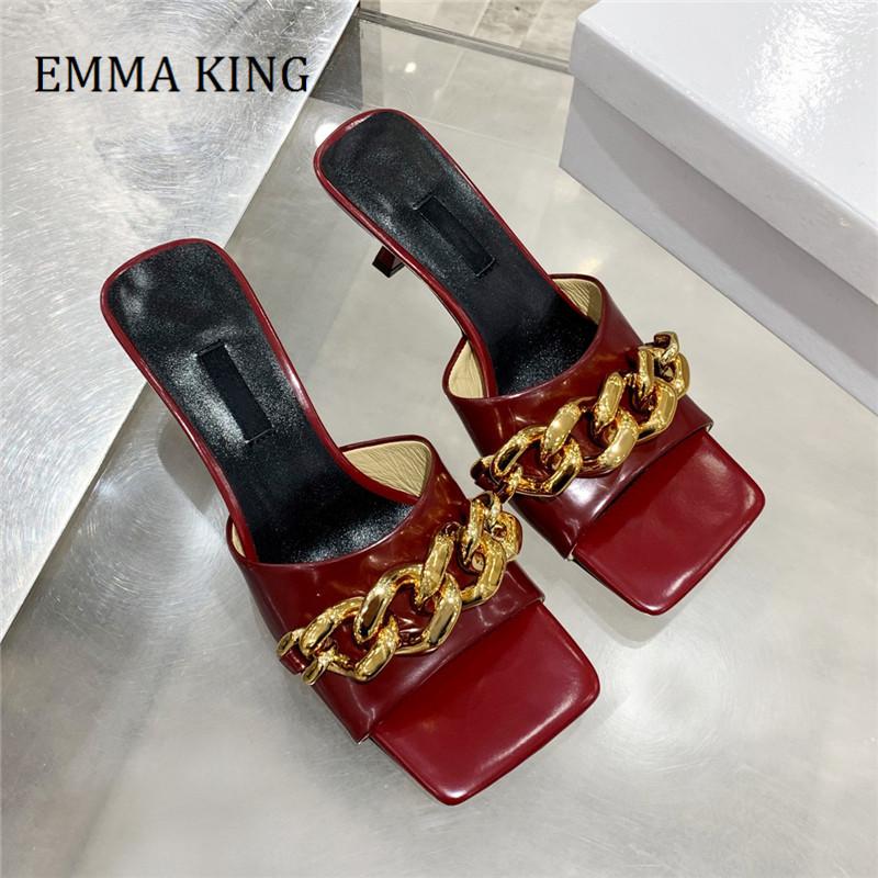 

Summer Women Chain Mid-Heel Mule Sandals 5.5cm Heels Chunky Golden Heeled Shoes Classic Design Slides Slippers, Black