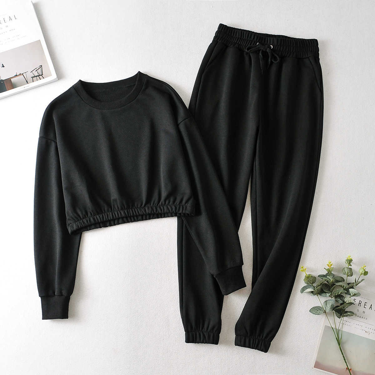 

Spring Autumn 2 Piece Set Women Round Neck Sweatshirt Elastic Waist Harem Pants Outfits Female 210607, Black
