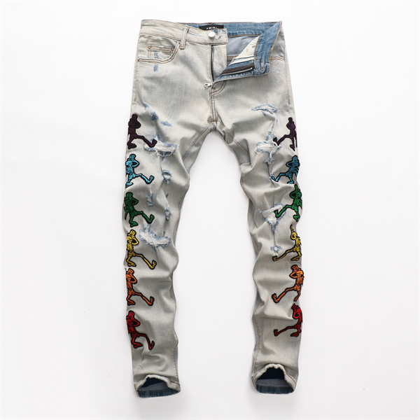 

Patches Detail Biker Fit Jeans Men Slim Motorcycle For Mens Vintage Distressed Denim Jean Pants @SA18
