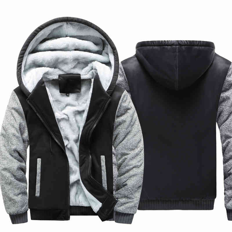

autumn and large sweater hooded zipper cardigan winter men's solid color arm plush thickened et, Black