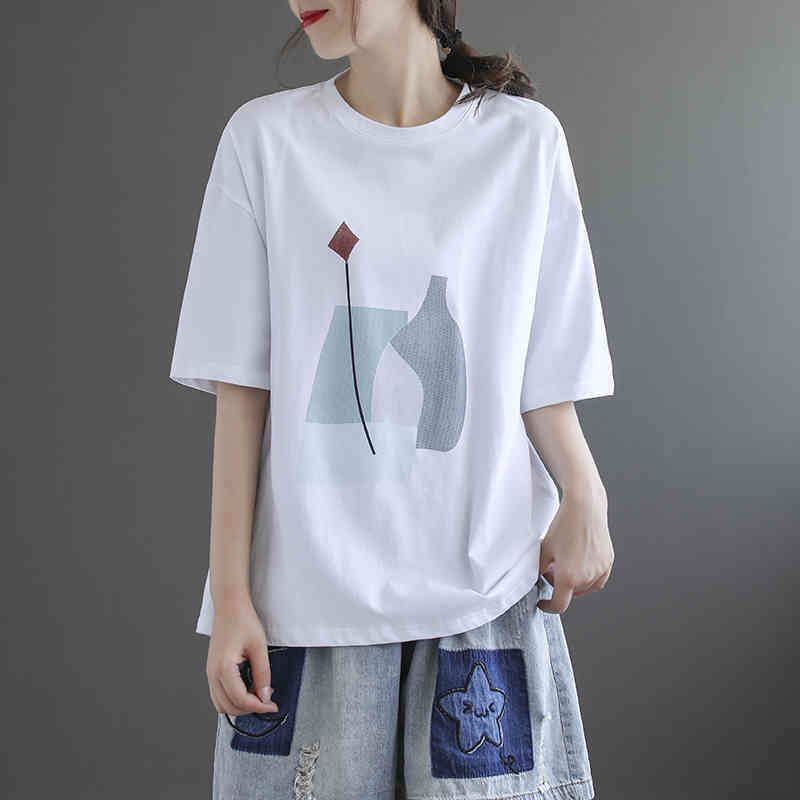 

Casual Plus Size Lady Korean Fashion Tops Women Summer Print T Shirs Vintage Short Sleeve Female Literary Loose Tee 210517, Yellow