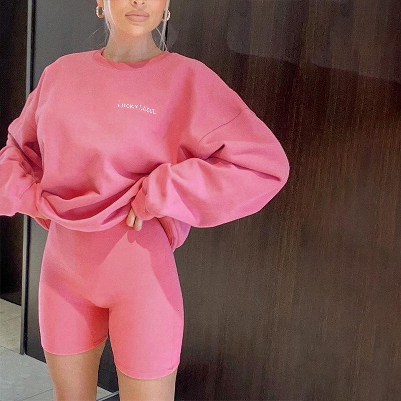 

Pink Outfits For Women Fall 2021 Lounge Wear Woman Tshirts+woman Shorts Matching Sets Two Piece Set Loungewear Clothing Women' Tracksuits