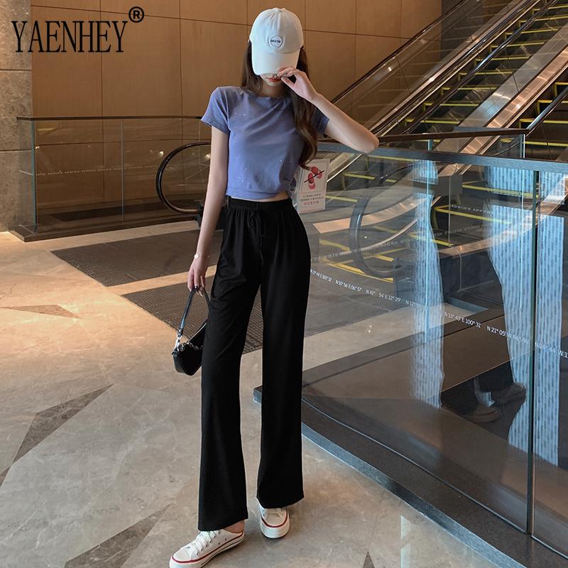 

Women's Two Piece Pants Summer Sequined Net Red T-shirt All-match High-waist Wide-leg Trousers Casual Two-piece Girl Fashion Suit Trend, White