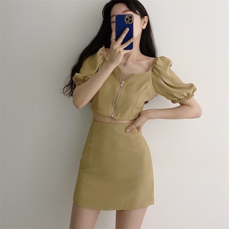 

Korea Summer Two Piece Set Elegant Women zipper Square Collar Sexy Crop Top + High Waist Mini Skirts Outfits 210519, Photo color