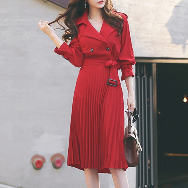 

Autumn Vintage Elegant Belted Women Office Ladies Double Breasted Blazer Long Sleeved Pleated Dress Female Vestidos Femme 210518, Picture color