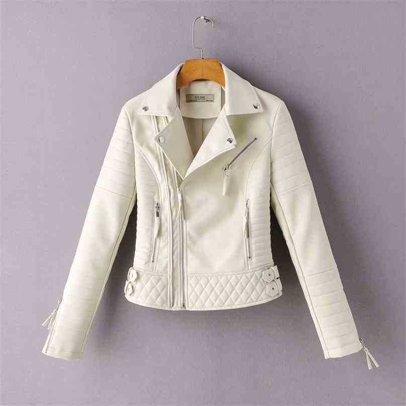 

spring autumn faux leather jacket women slim long sleeve turn down collar zipper short coats woman biker moto jackets 210525, Pink