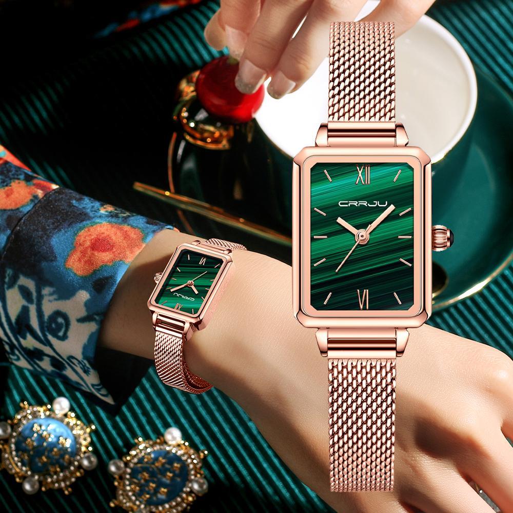 

Women Little Green Wristwatch CRRJU Fashion Ladies Dress Slim Mesh Belt Wristwatch Square Waterproof Quartz Watches reloj mujer 210517
