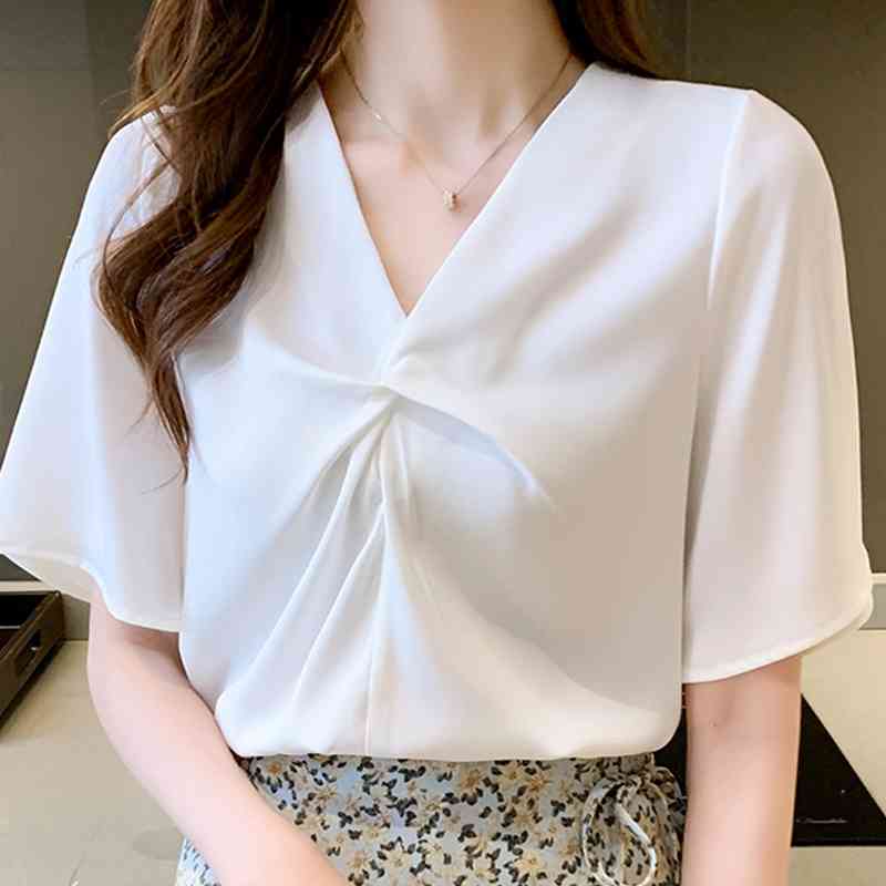 

Summer Blouses Top Femem Short Sleeve Blouse Women Blusas Mujer De Moda Verano V-Neck Chiffon Blouse Shirt Tops Women E793 210602, Apricot
