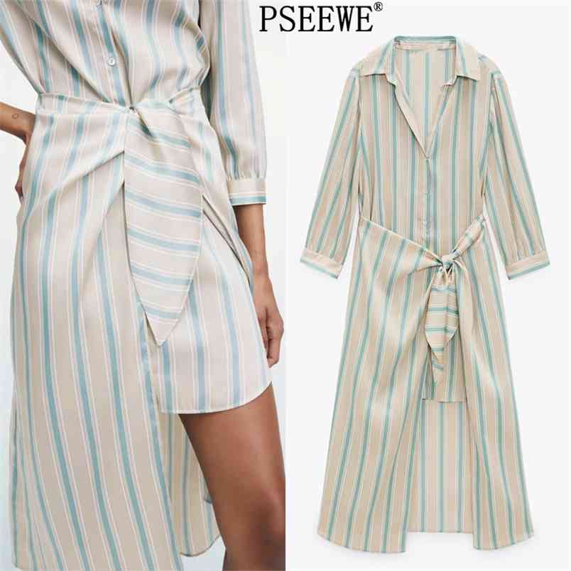 

Spring Green Striped Shirt Long Dress Women Elegant Knot Sleeve Woman Asymmetric Hem Casual es 210519