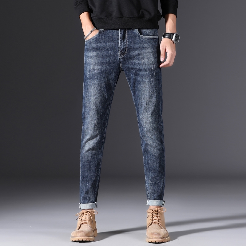 

2021 autumn and winter new men's jeans trend Korean slim fit elastic small feet leisure simple handsome long pants, Black