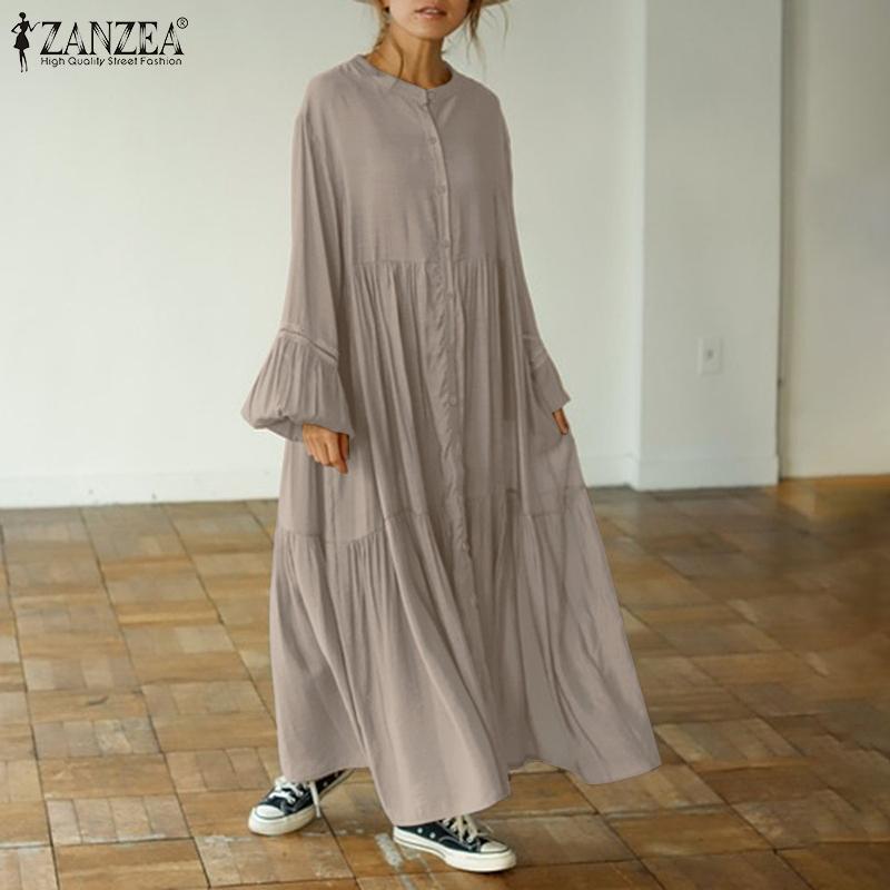 

Bohemian Women Maxi Dress Elegant Sundress 2021 Fashion Long Puff Sleeve Flounce Vestidos Robe Femme Button Dresses Casual, Black;gray