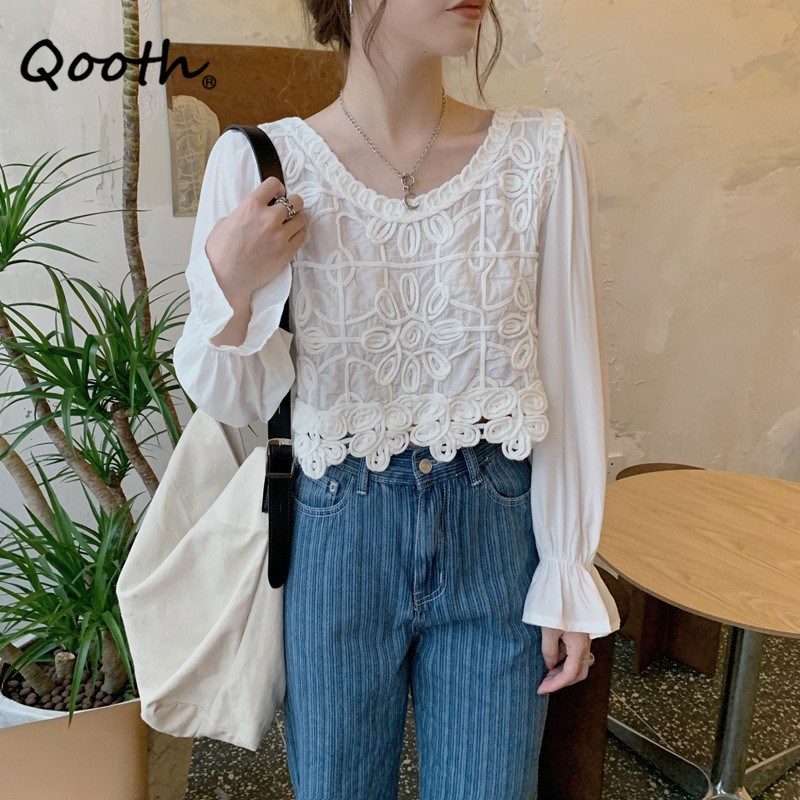 

Qooth Knitted Crochet Chiffon Pullover Shirt Women's Summer Super Fairy Short Tops Long-Sleeved Loose Sweet Causal Shirt QT595 210518, Apricot