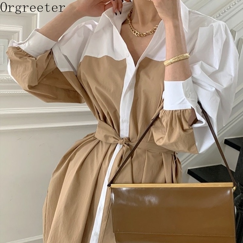 

Temperament Contrast Color Shirt Dress Women Summer Lapel Single Breasted Lace Up Lantern Sleeve Mid-calf Dresses 210525, Black